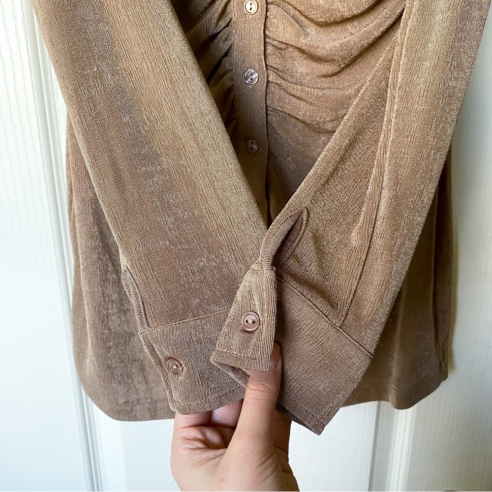 With Jean Taupe Ruched Button-Front Mini Dress - Picture 3 of 14
